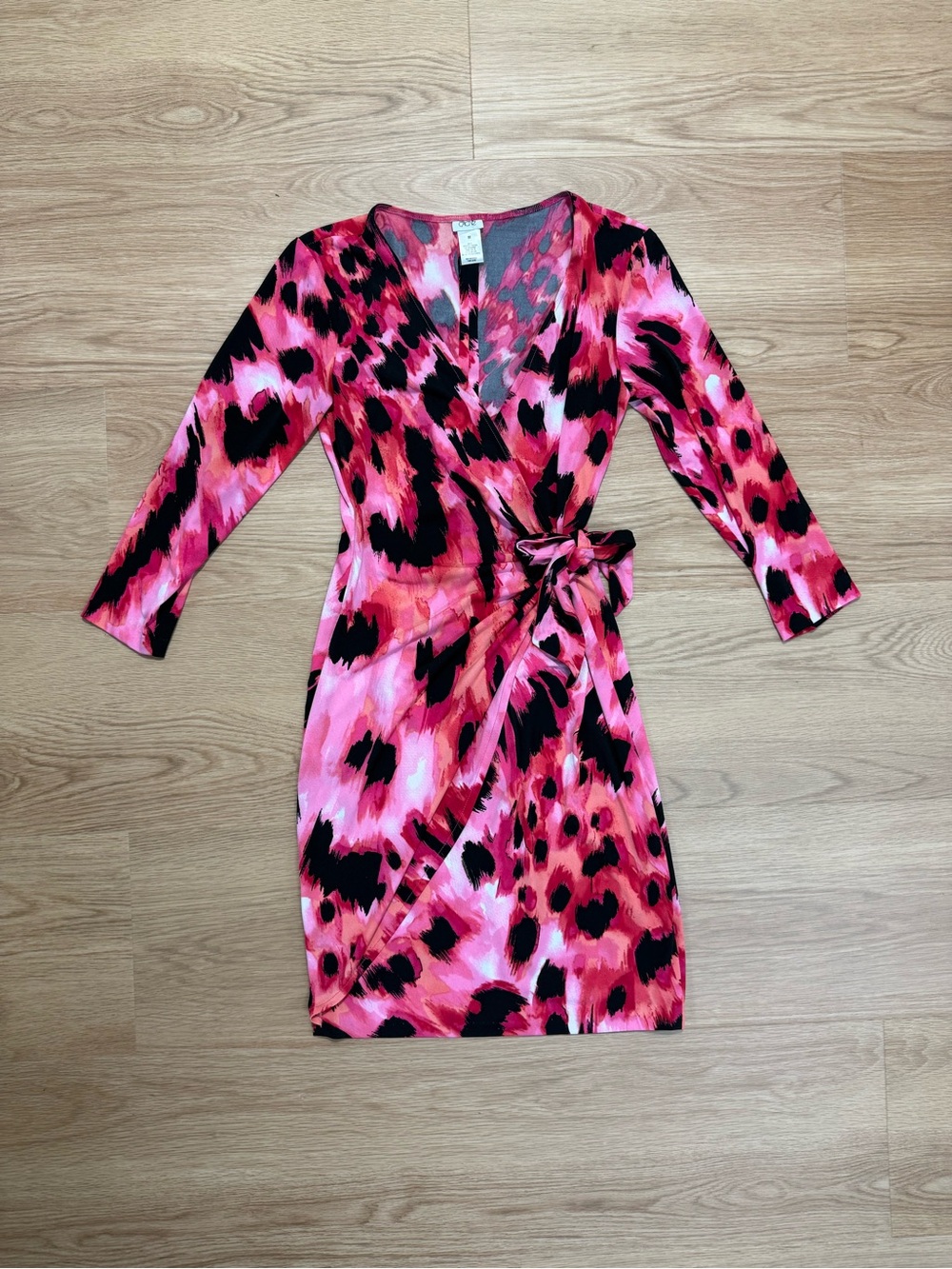 Cache Pink and Black Animal-Print Wrap Midi Dress with Tie
